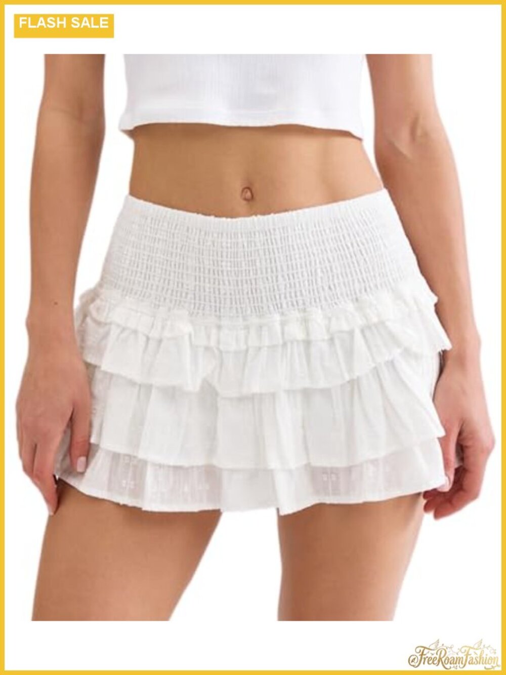 Cotton Ruffle Mini Skort Built-in Shorts Smocked Waist A-Line